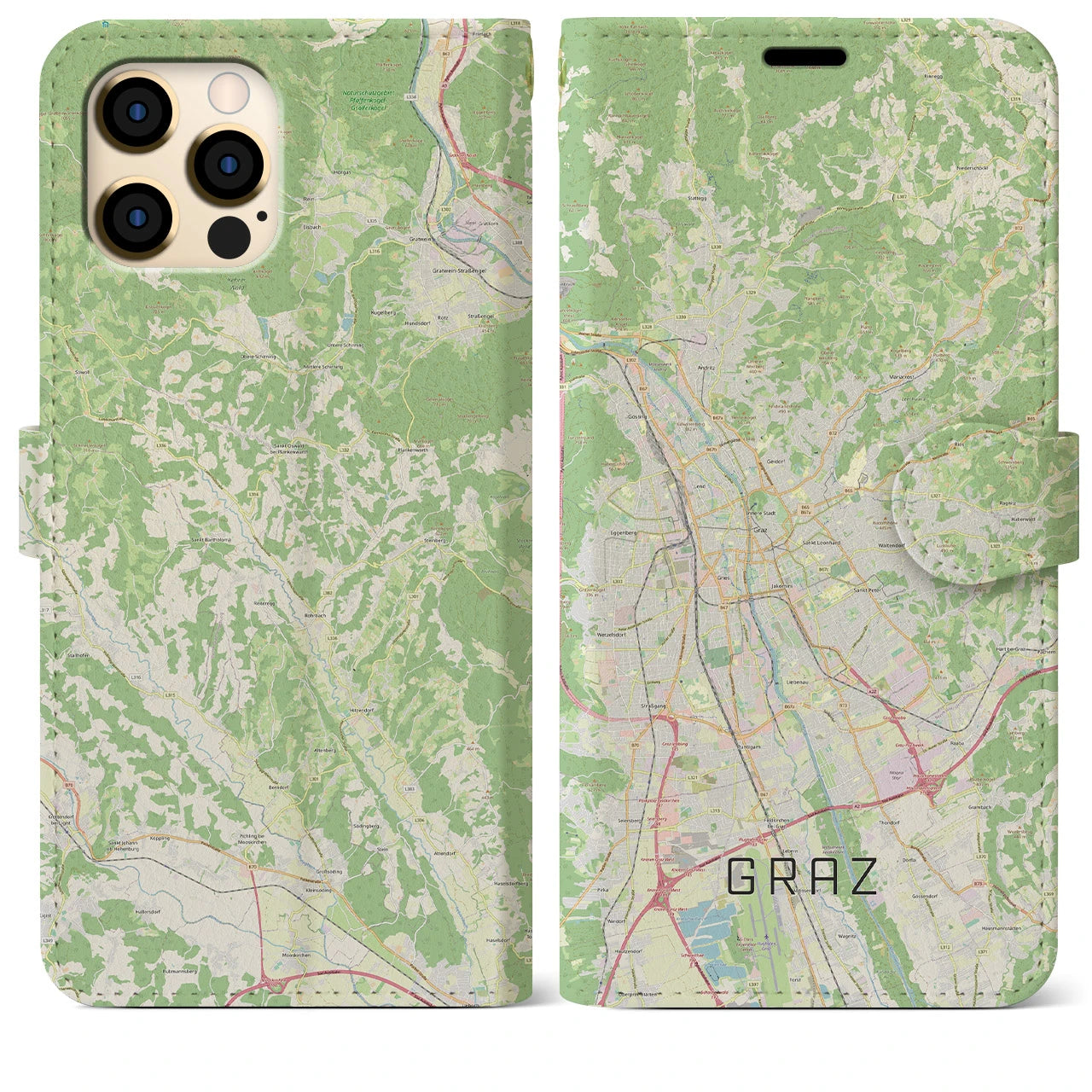 【グラーツ】地図柄iPhoneケース（手帳両面タイプ・ナチュラル）iPhone 12 Pro Max 用