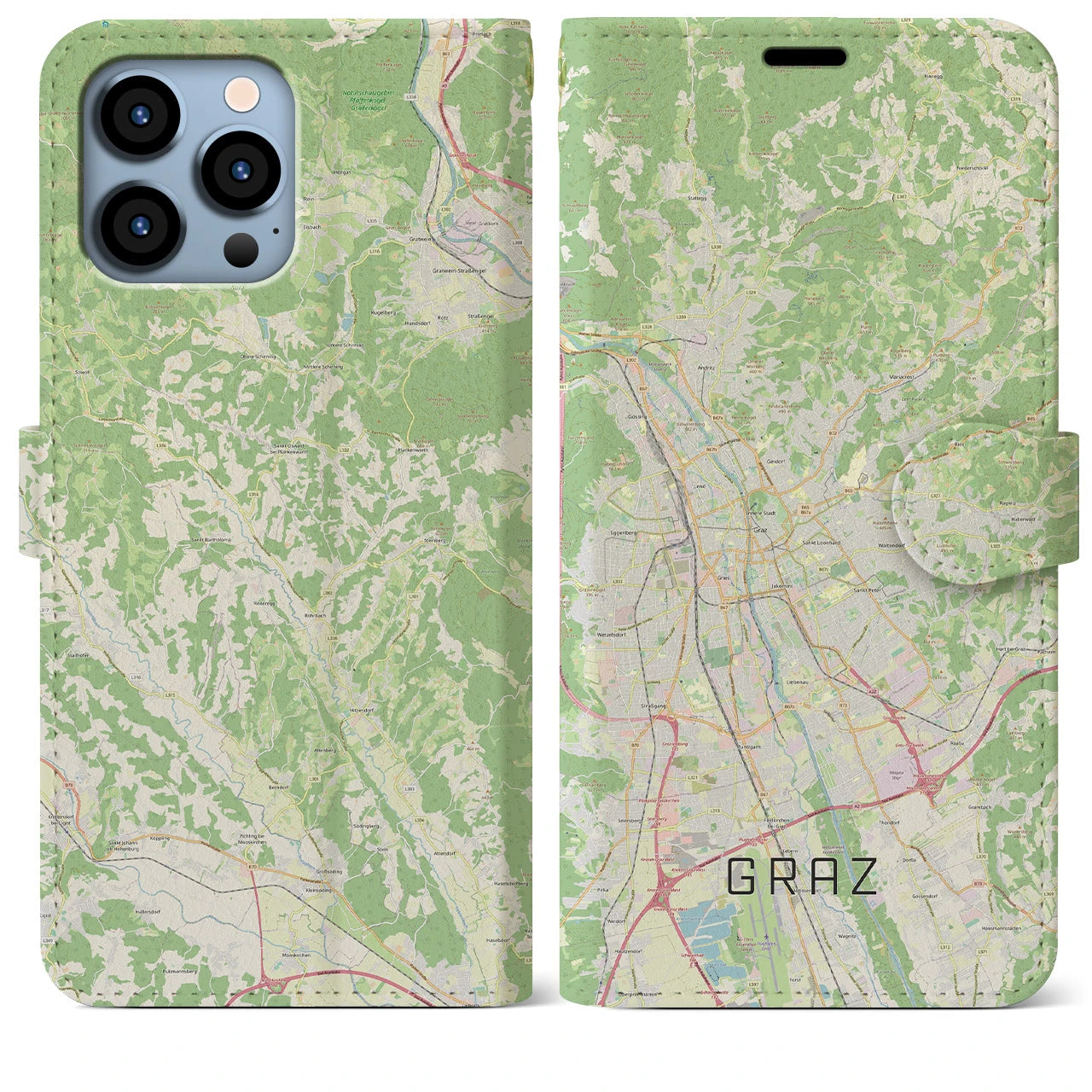 【グラーツ】地図柄iPhoneケース（手帳両面タイプ・ナチュラル）iPhone 13 Pro Max 用