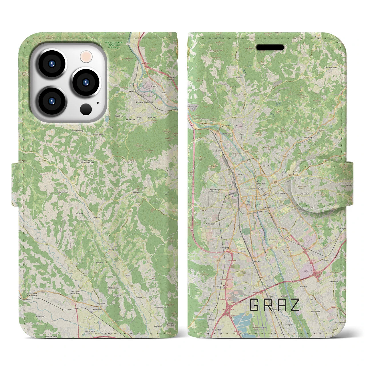 【グラーツ】地図柄iPhoneケース（手帳両面タイプ・ナチュラル）iPhone 13 Pro 用