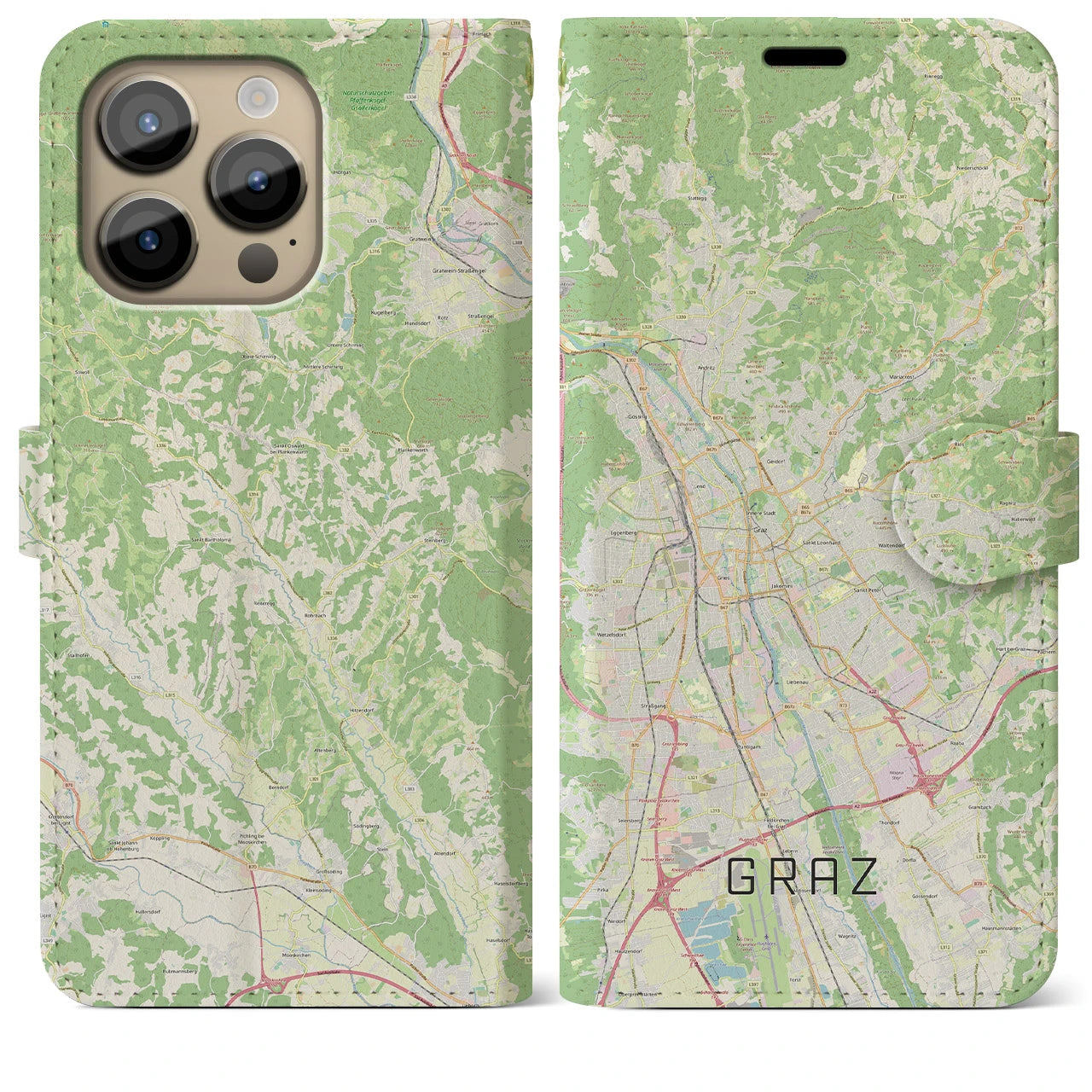 【グラーツ】地図柄iPhoneケース（手帳両面タイプ・ナチュラル）iPhone 14 Pro Max 用
