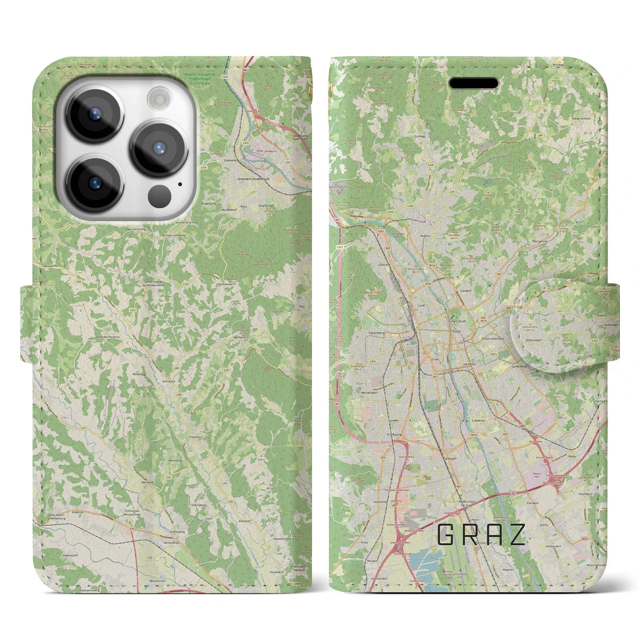 【グラーツ】地図柄iPhoneケース（手帳両面タイプ・ナチュラル）iPhone 14 Pro 用