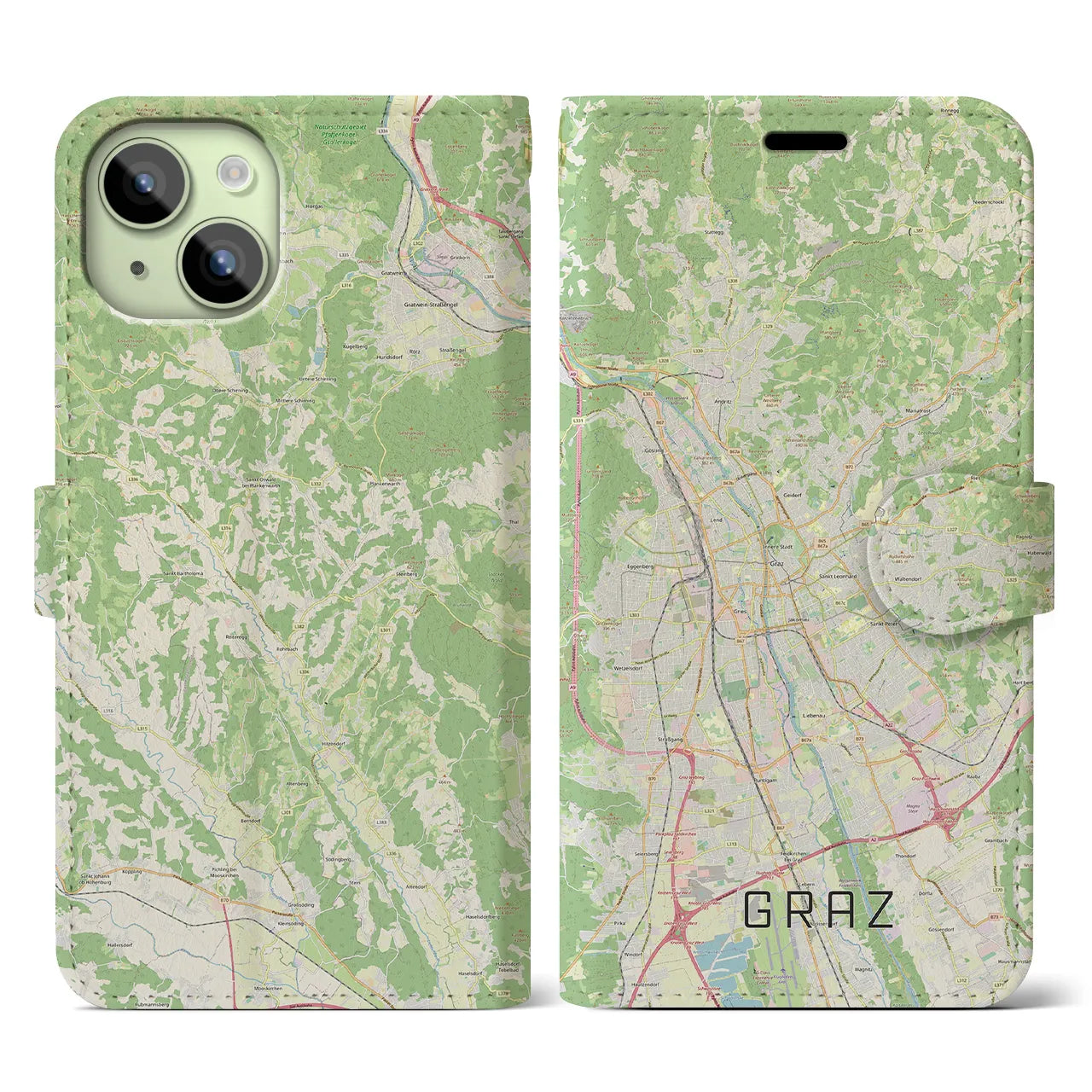 【グラーツ】地図柄iPhoneケース（手帳両面タイプ・ナチュラル）iPhone 15 用