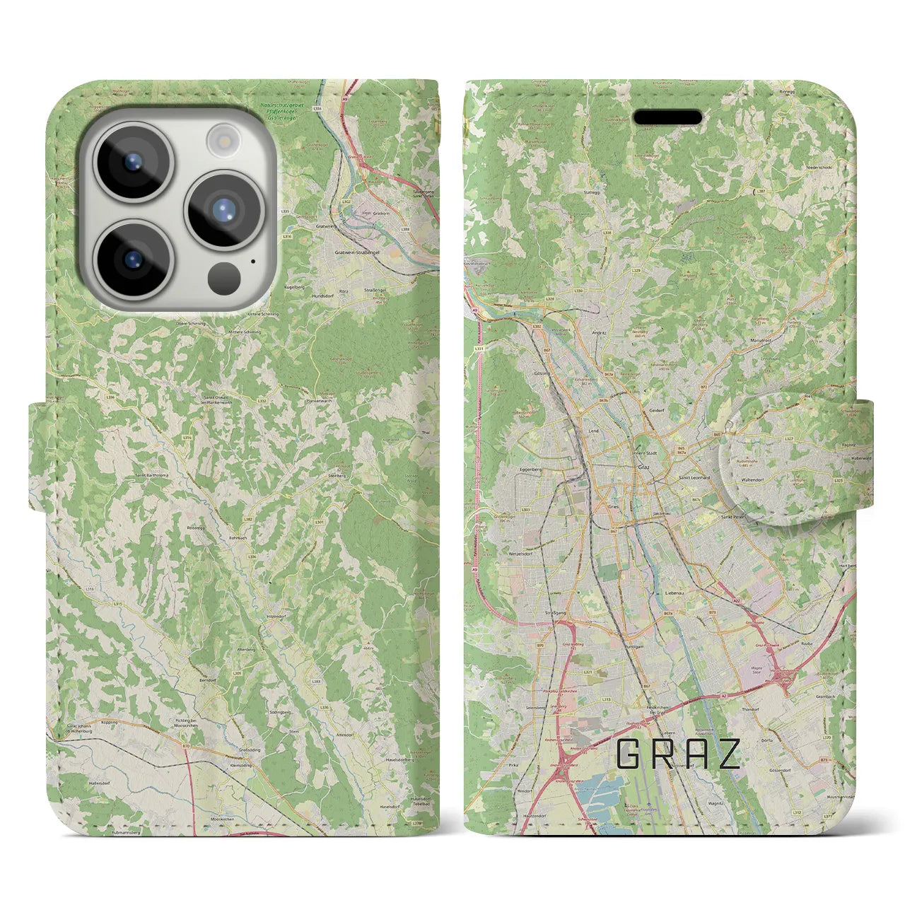 【グラーツ】地図柄iPhoneケース（手帳両面タイプ・ナチュラル）iPhone 15 Pro 用