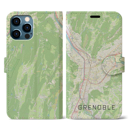 【グルノーブル（フランス）】地図柄iPhoneケース（手帳タイプ）ナチュラル・iPhone 12 / 12 Pro 用