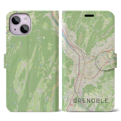 【グルノーブル（フランス）】地図柄iPhoneケース（手帳タイプ）ナチュラル・iPhone 14 用