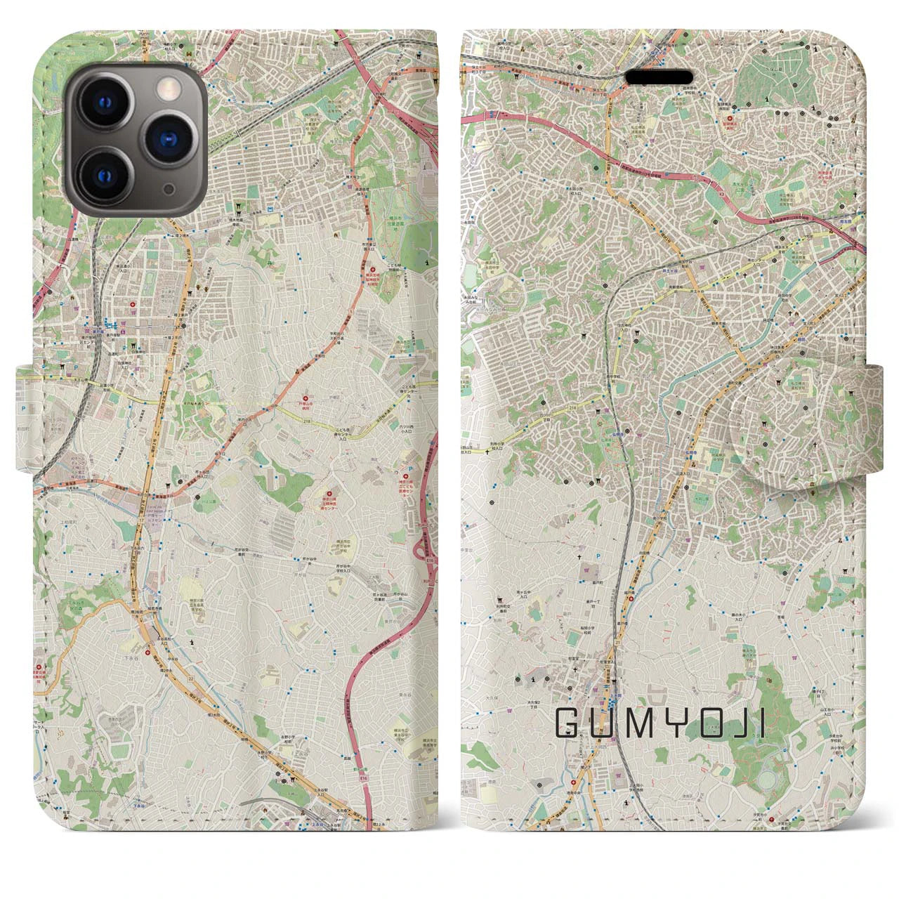 【弘明寺】地図柄iPhoneケース（手帳両面タイプ・ナチュラル）iPhone 11 Pro Max 用