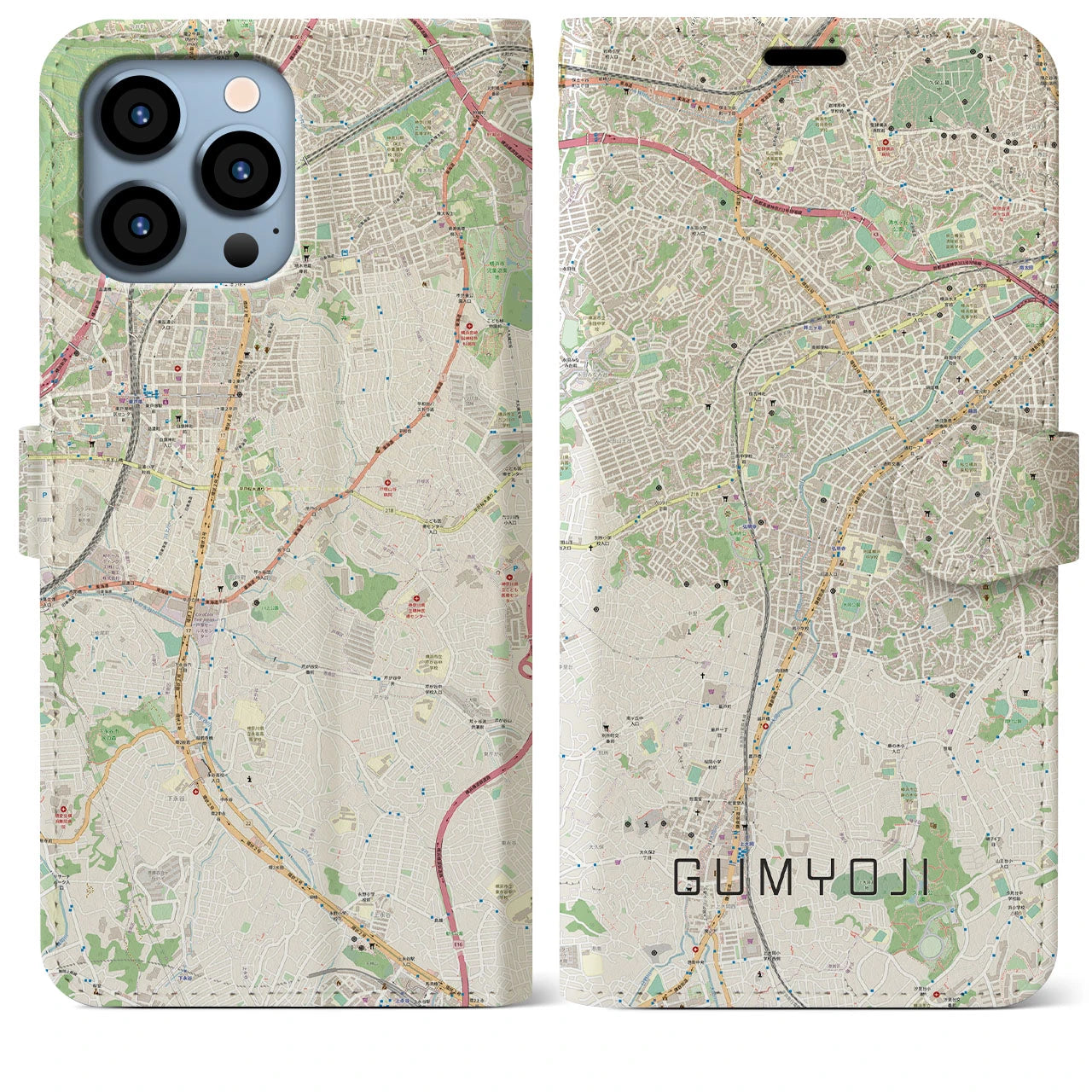 【弘明寺】地図柄iPhoneケース（手帳両面タイプ・ナチュラル）iPhone 13 Pro Max 用