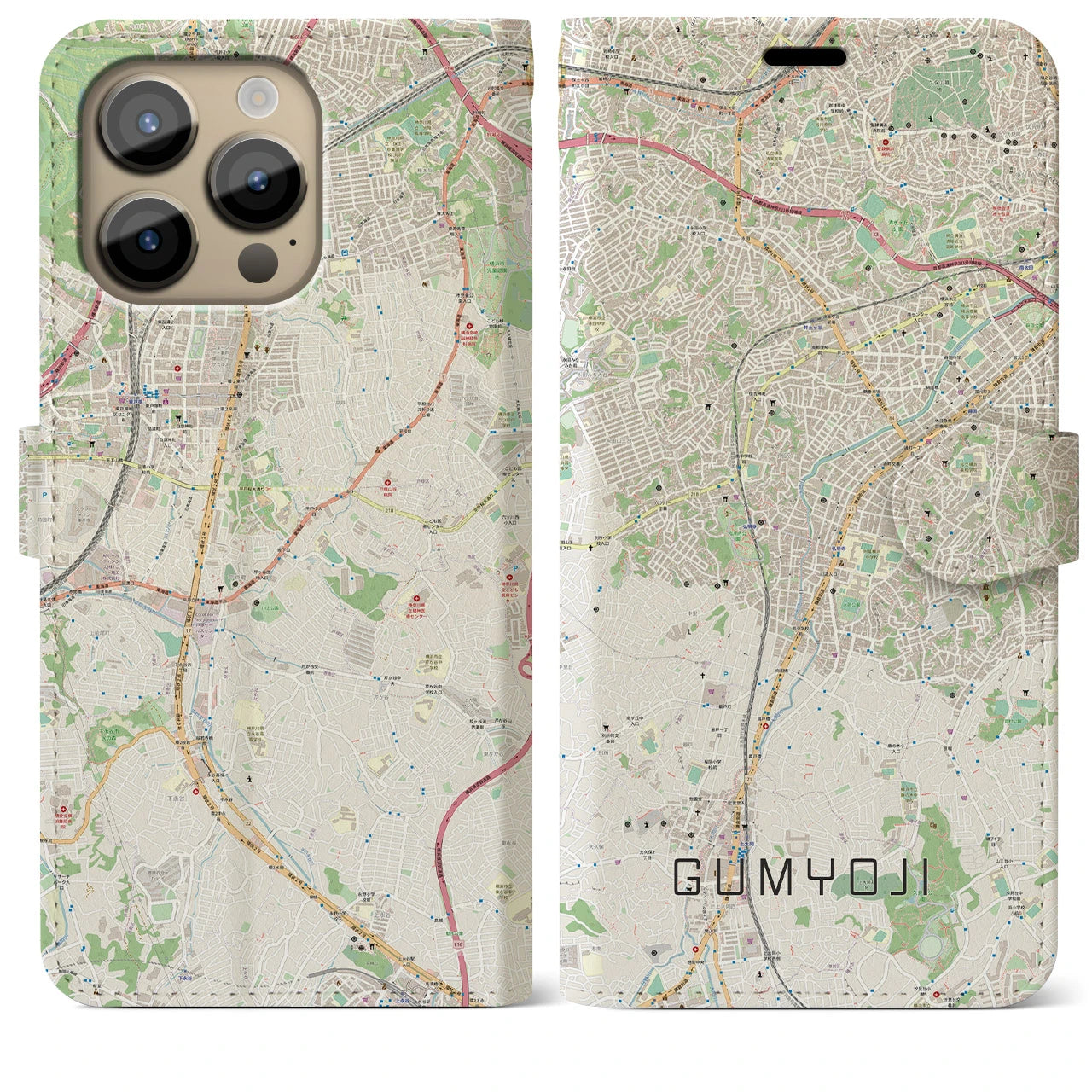 【弘明寺】地図柄iPhoneケース（手帳両面タイプ・ナチュラル）iPhone 14 Pro Max 用