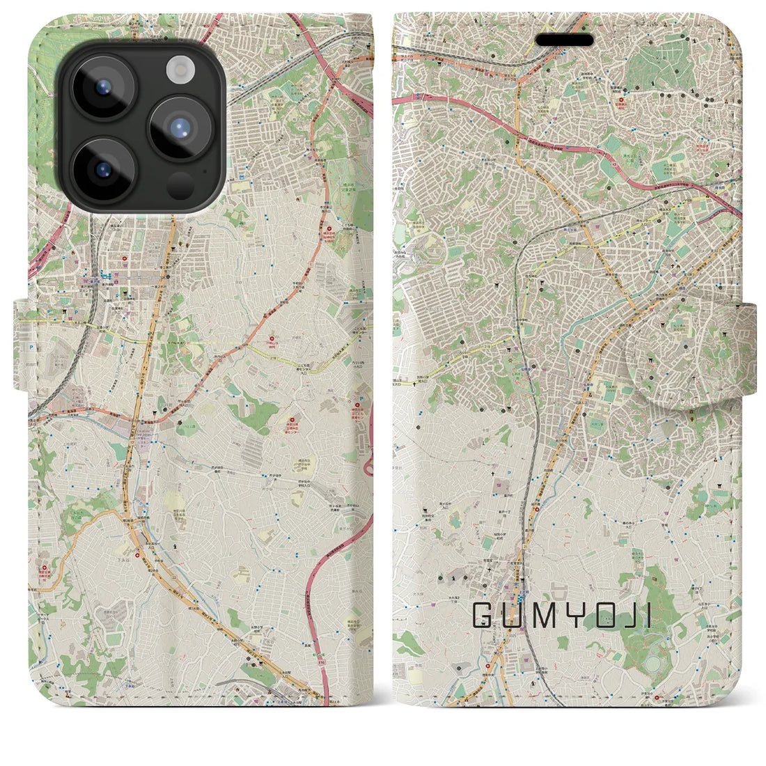 【弘明寺】地図柄iPhoneケース（手帳両面タイプ・ナチュラル）iPhone 15 Pro Max 用