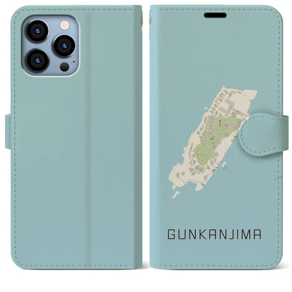 【軍艦島（長崎県）】地図柄iPhoneケース（手帳タイプ）ナチュラル・iPhone 13 Pro Max 用