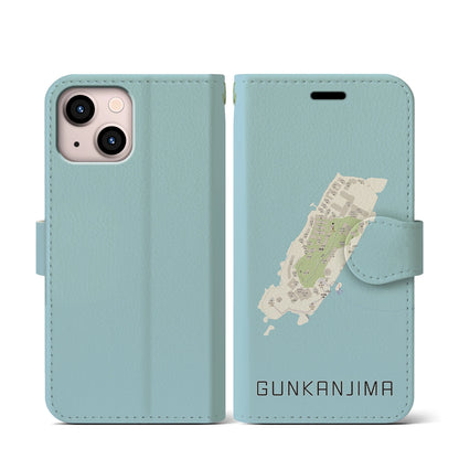 【軍艦島（長崎県）】地図柄iPhoneケース（手帳タイプ）ナチュラル・iPhone 13 mini 用