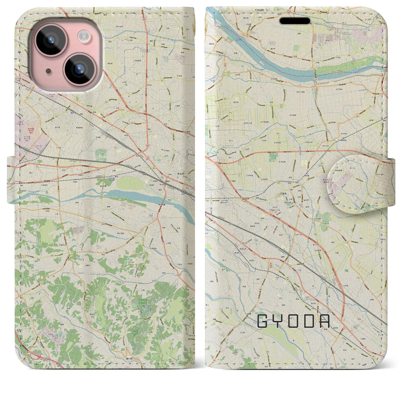【行田】地図柄iPhoneケース（手帳両面タイプ・ナチュラル）iPhone 15 Plus 用