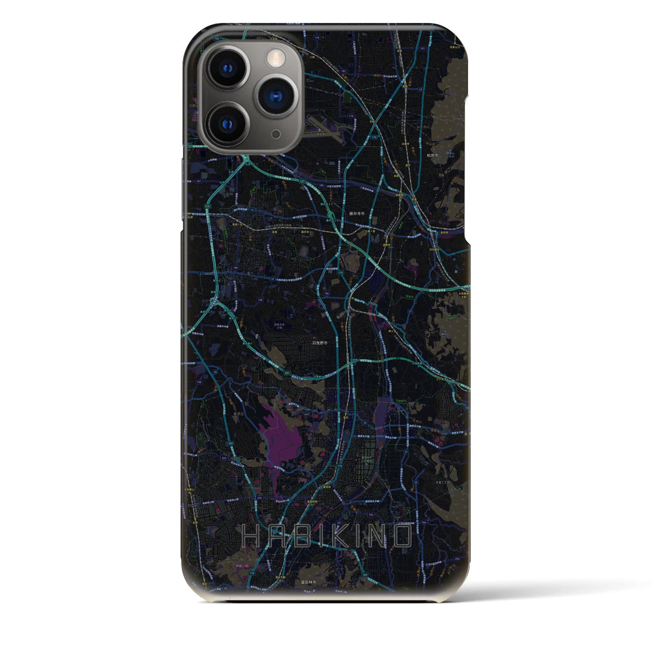 【羽曳野】地図柄iPhoneケース（バックカバータイプ・ブラック）iPhone 11 Pro Max 用