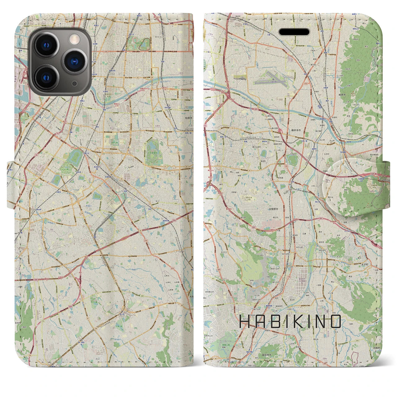 【羽曳野】地図柄iPhoneケース（手帳両面タイプ・ナチュラル）iPhone 11 Pro Max 用
