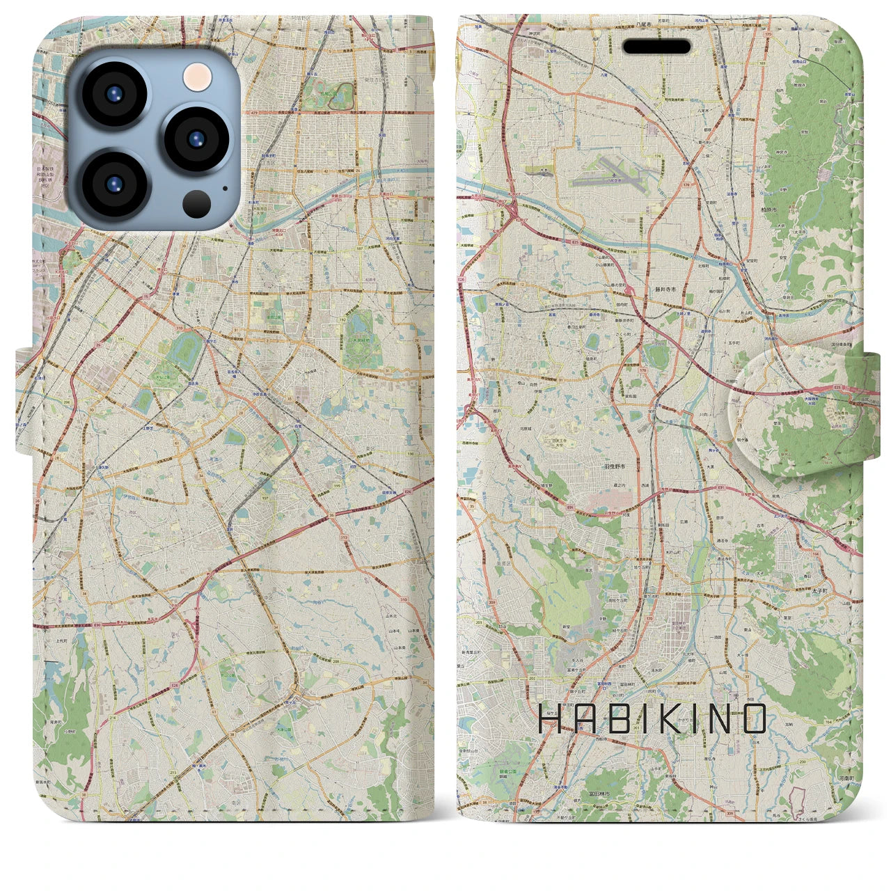 【羽曳野】地図柄iPhoneケース（手帳両面タイプ・ナチュラル）iPhone 13 Pro Max 用