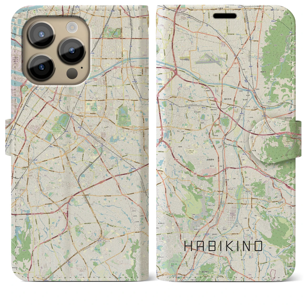【羽曳野】地図柄iPhoneケース（手帳両面タイプ・ナチュラル）iPhone 14 Pro Max 用