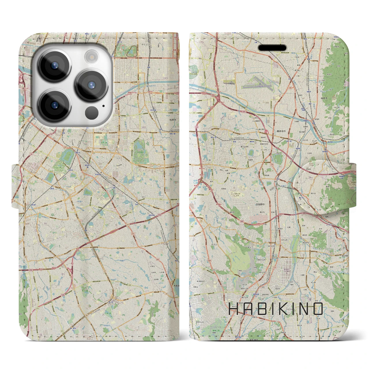 【羽曳野】地図柄iPhoneケース（手帳両面タイプ・ナチュラル）iPhone 14 Pro 用
