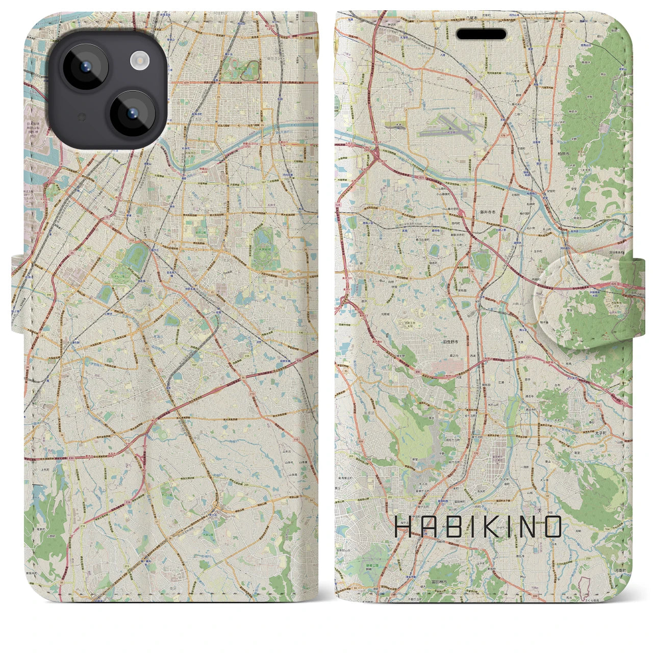 【羽曳野】地図柄iPhoneケース（手帳両面タイプ・ナチュラル）iPhone 14 Plus 用