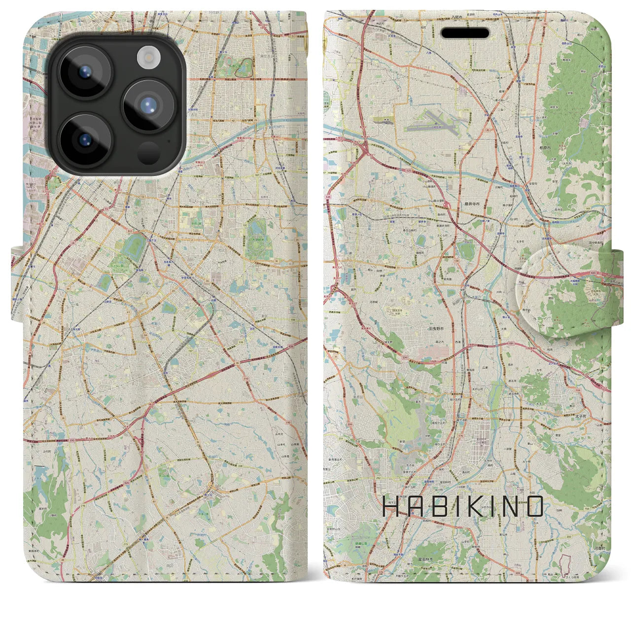 【羽曳野】地図柄iPhoneケース（手帳両面タイプ・ナチュラル）iPhone 15 Pro Max 用