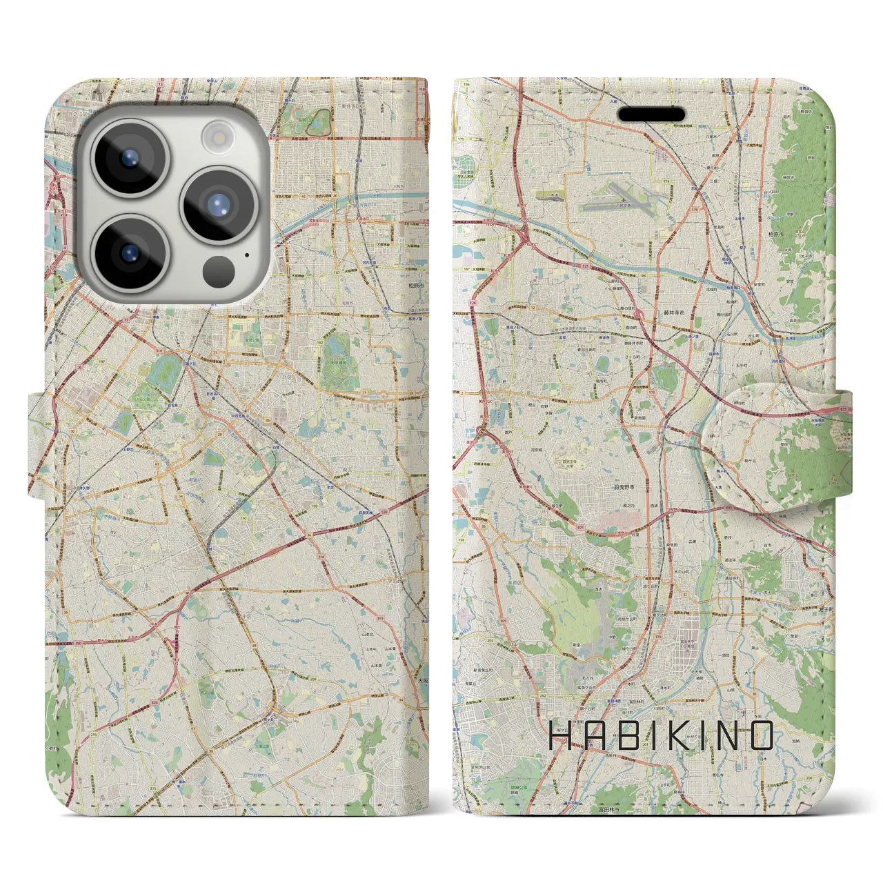 【羽曳野】地図柄iPhoneケース（手帳両面タイプ・ナチュラル）iPhone 15 Pro 用