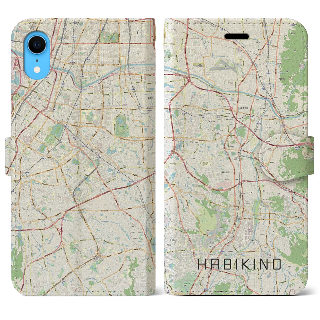 【羽曳野】地図柄iPhoneケース（手帳両面タイプ・ナチュラル）iPhone XR 用