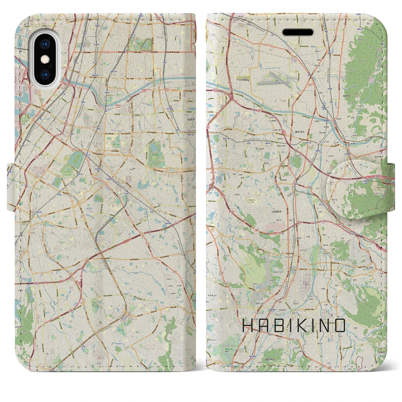 【羽曳野】地図柄iPhoneケース（手帳両面タイプ・ナチュラル）iPhone XS Max 用