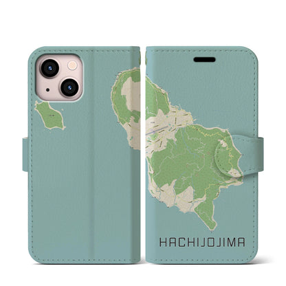 【八丈島（東京都）】地図柄iPhoneケース（手帳タイプ）ナチュラル・iPhone 13 mini 用