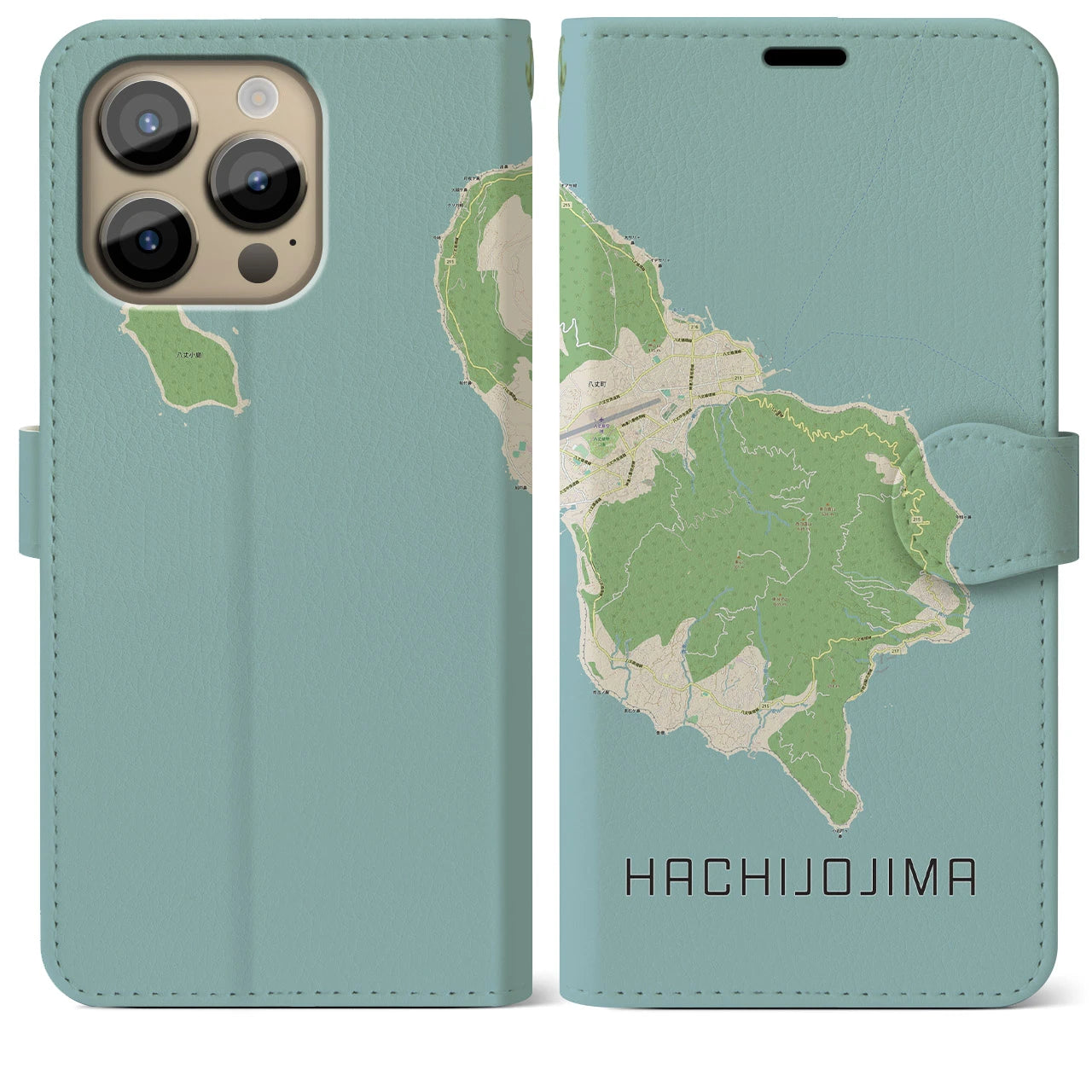 【八丈島】地図柄iPhoneケース（手帳両面タイプ・ナチュラル）iPhone 14 Pro Max 用