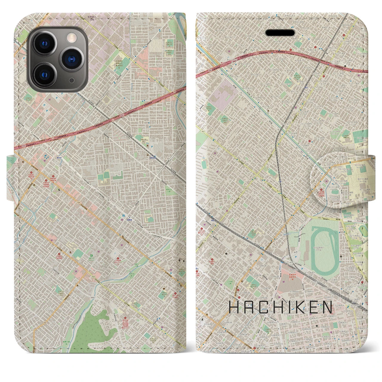 【八軒】地図柄iPhoneケース（手帳両面タイプ・ナチュラル）iPhone 11 Pro Max 用