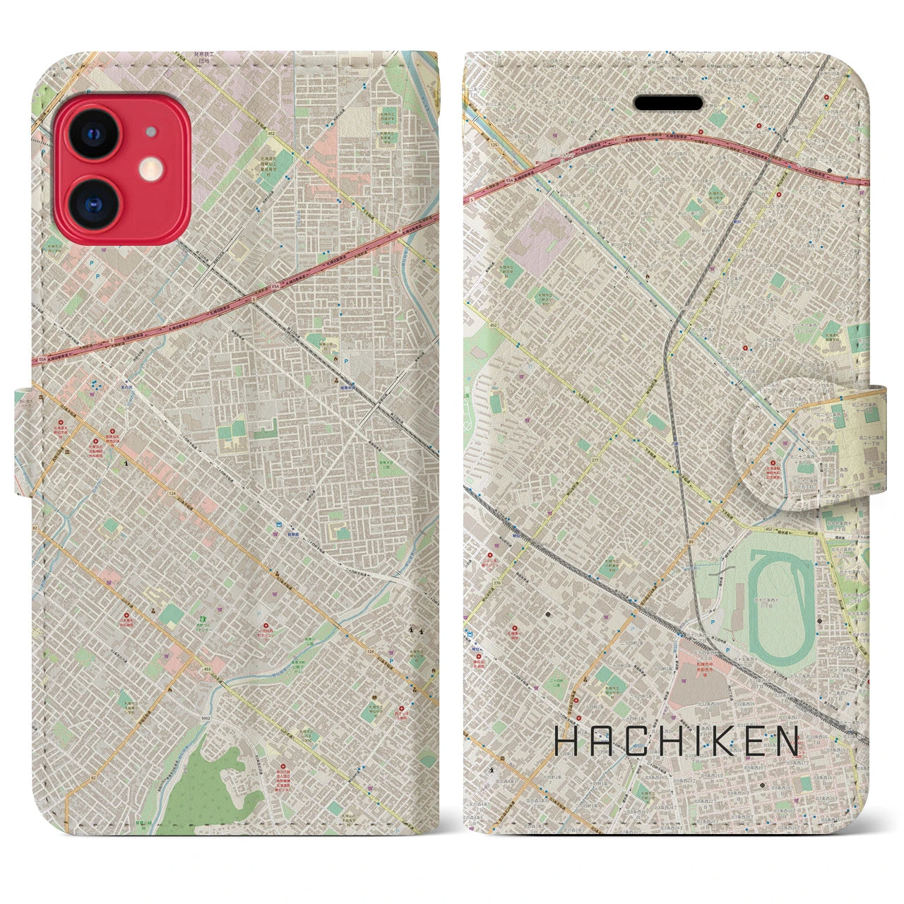 【八軒】地図柄iPhoneケース（手帳両面タイプ・ナチュラル）iPhone 11 用