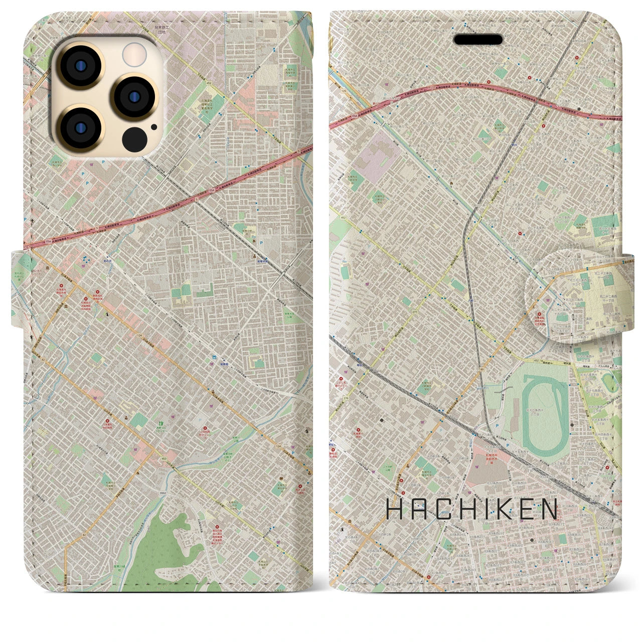 【八軒】地図柄iPhoneケース（手帳両面タイプ・ナチュラル）iPhone 12 Pro Max 用