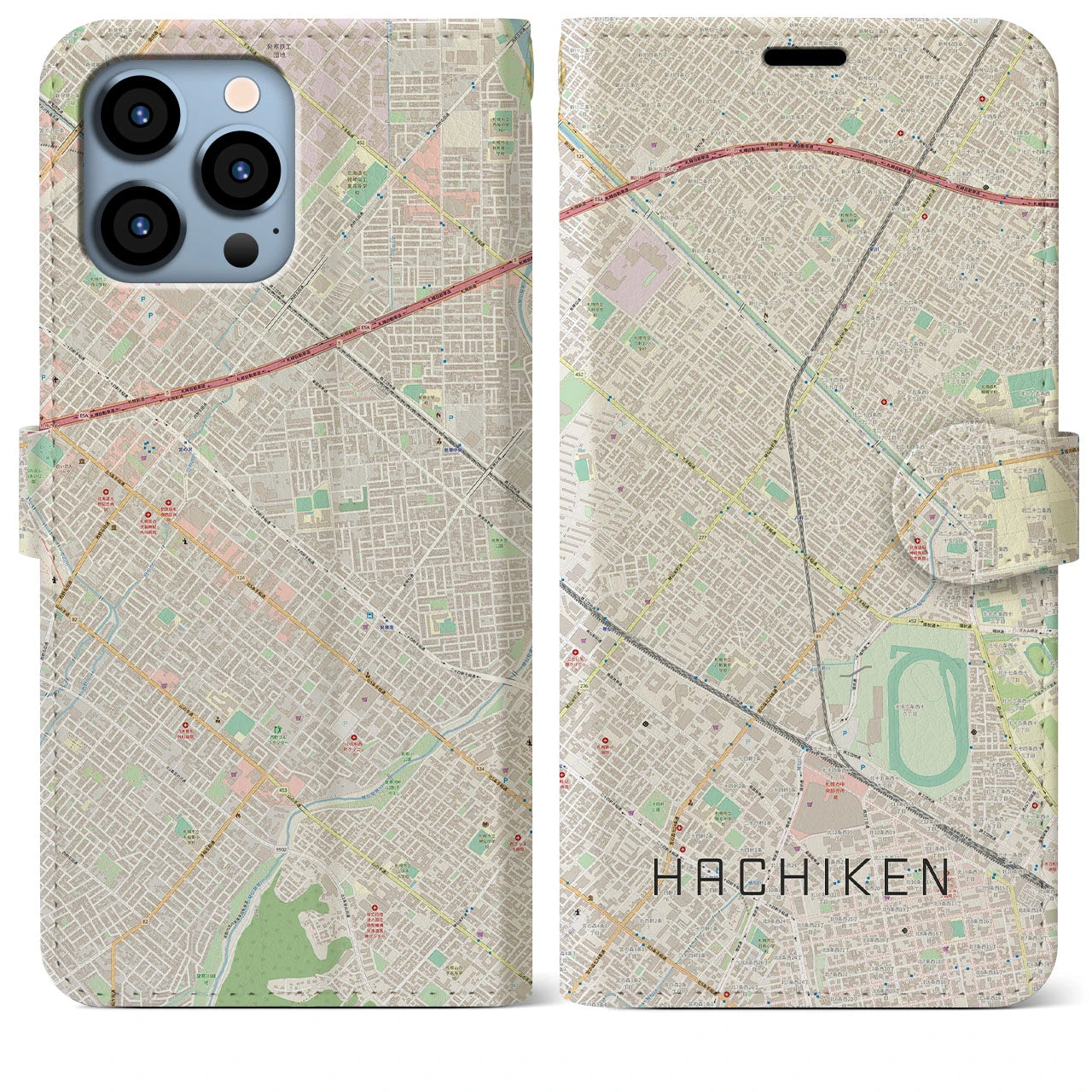 【八軒】地図柄iPhoneケース（手帳両面タイプ・ナチュラル）iPhone 13 Pro Max 用