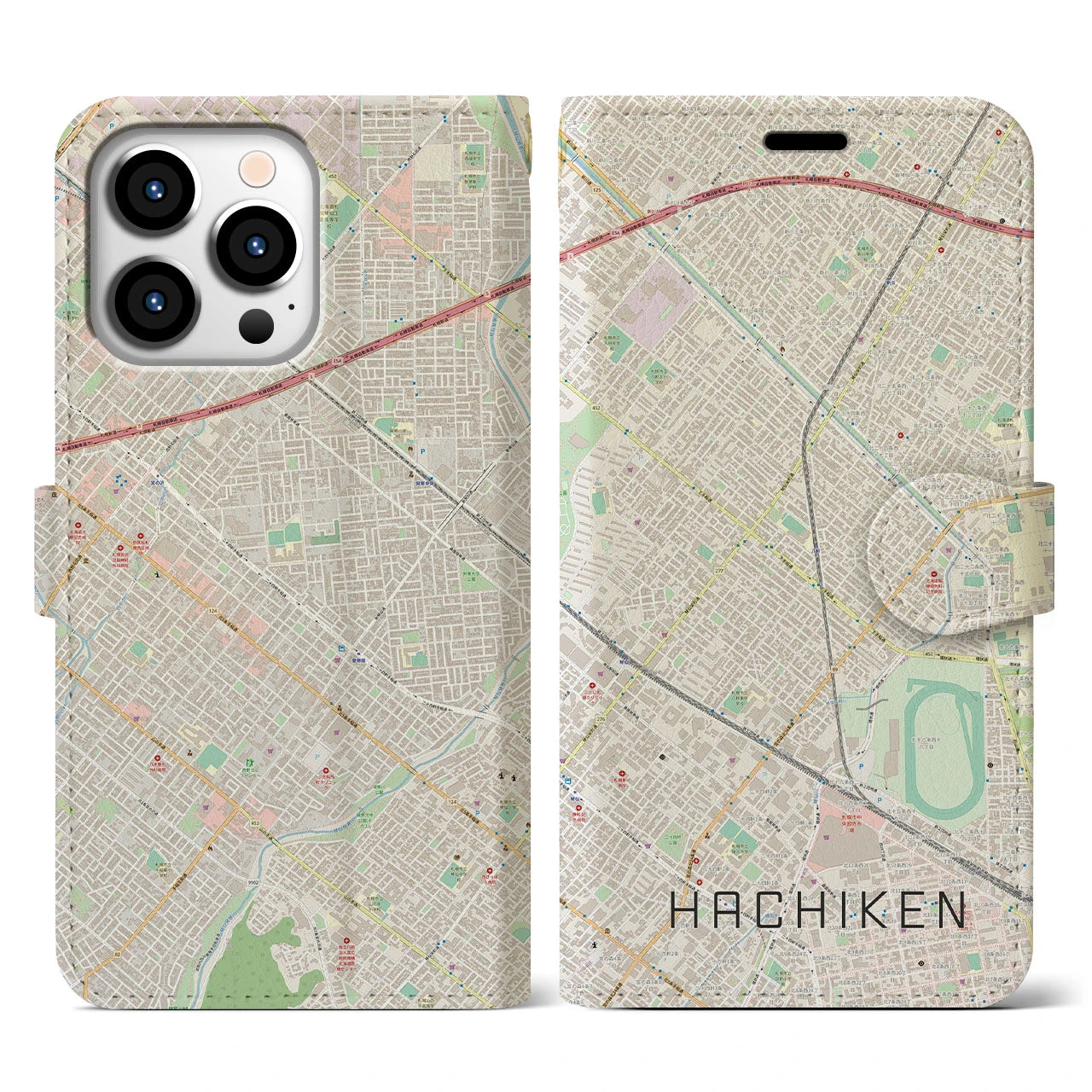 【八軒】地図柄iPhoneケース（手帳両面タイプ・ナチュラル）iPhone 13 Pro 用
