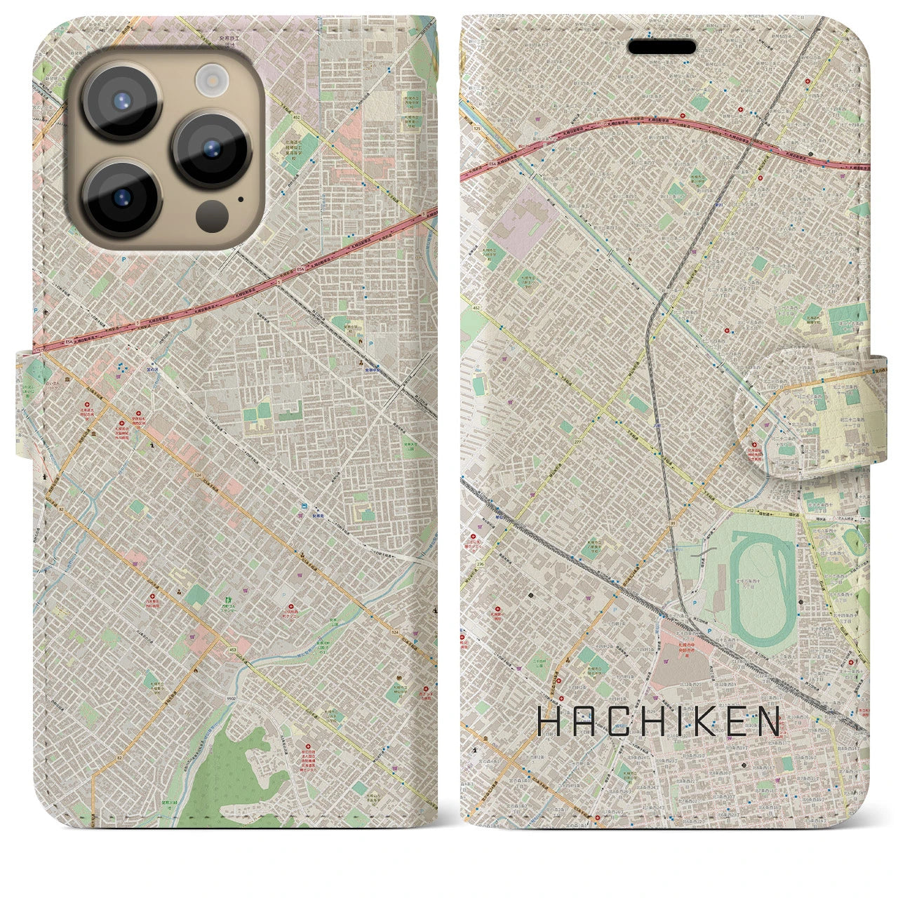 【八軒】地図柄iPhoneケース（手帳両面タイプ・ナチュラル）iPhone 14 Pro Max 用