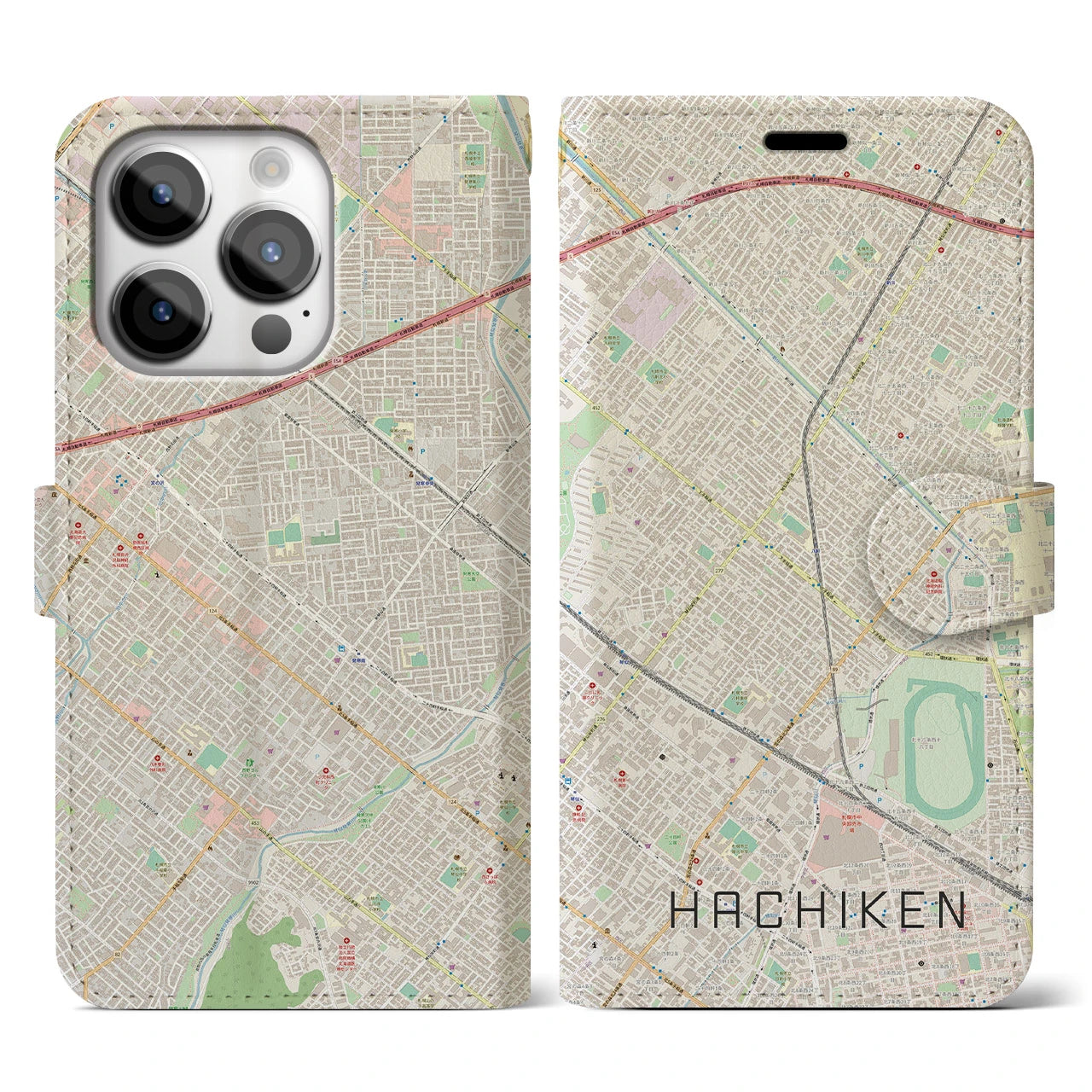 【八軒】地図柄iPhoneケース（手帳両面タイプ・ナチュラル）iPhone 14 Pro 用