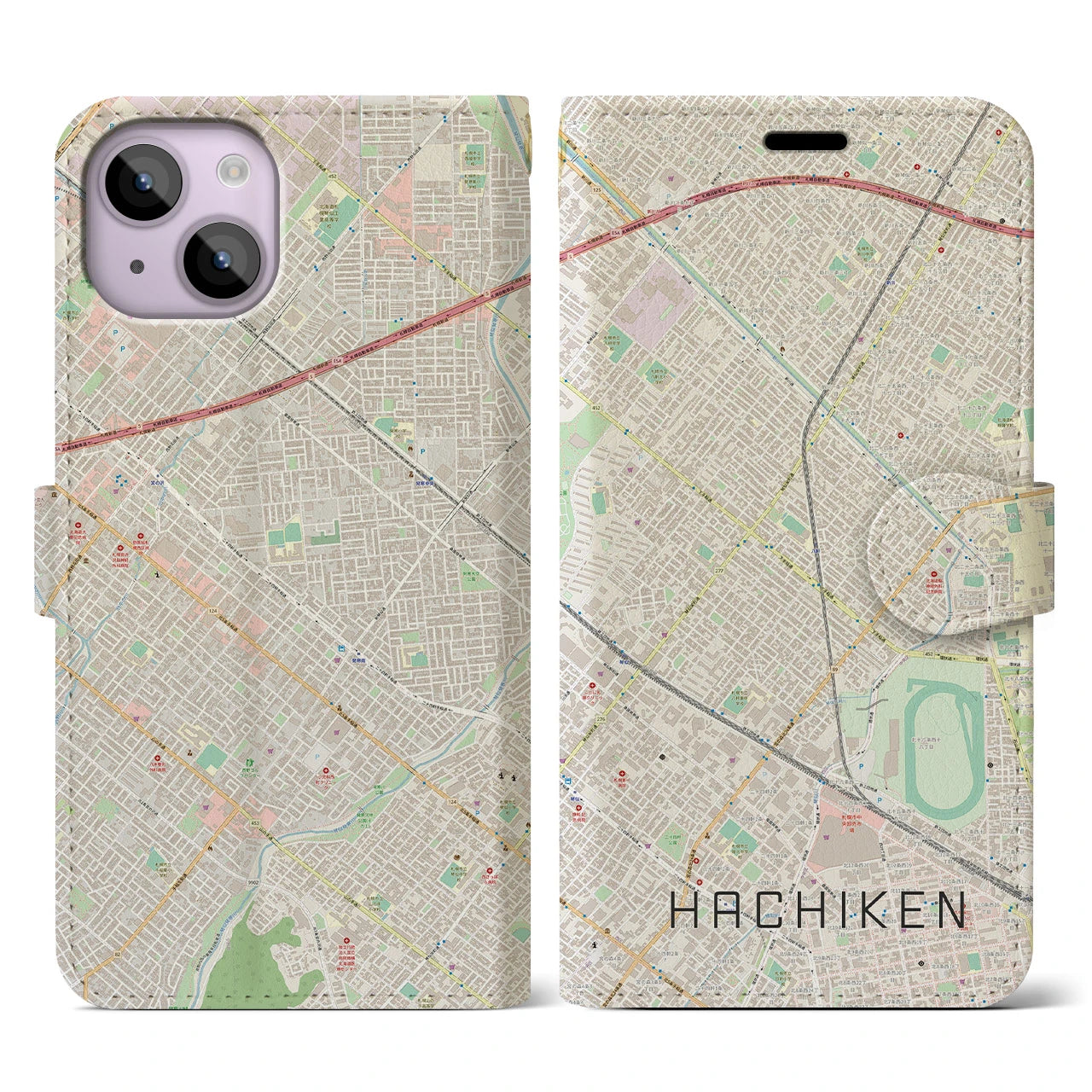 【八軒】地図柄iPhoneケース（手帳両面タイプ・ナチュラル）iPhone 14 用