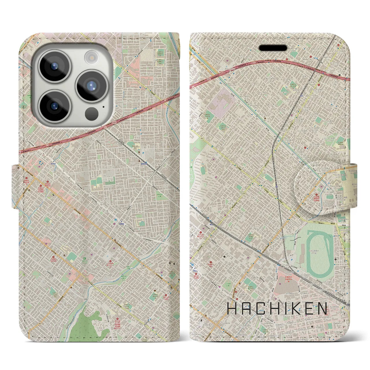 【八軒】地図柄iPhoneケース（手帳両面タイプ・ナチュラル）iPhone 15 Pro 用