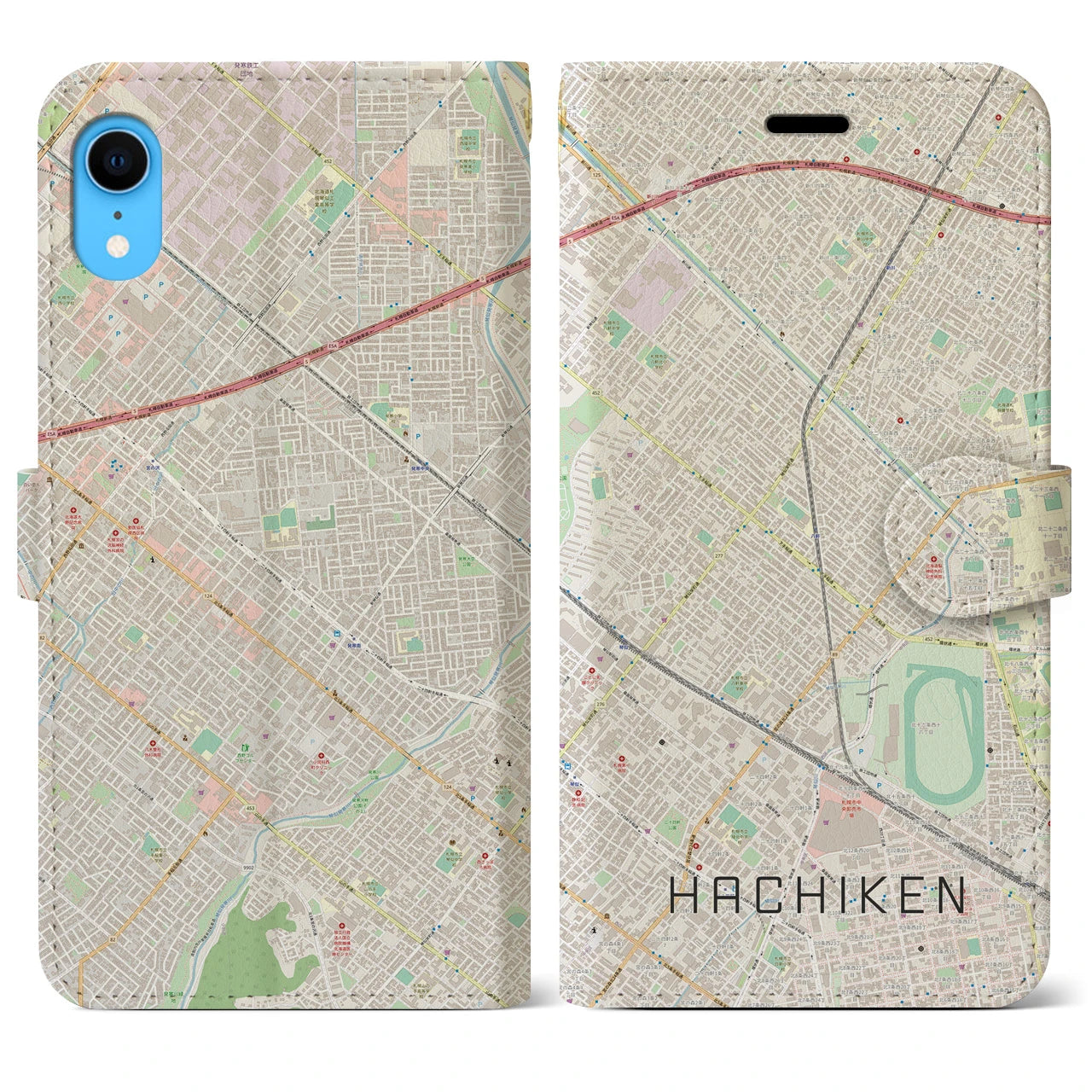 【八軒】地図柄iPhoneケース（手帳両面タイプ・ナチュラル）iPhone XR 用