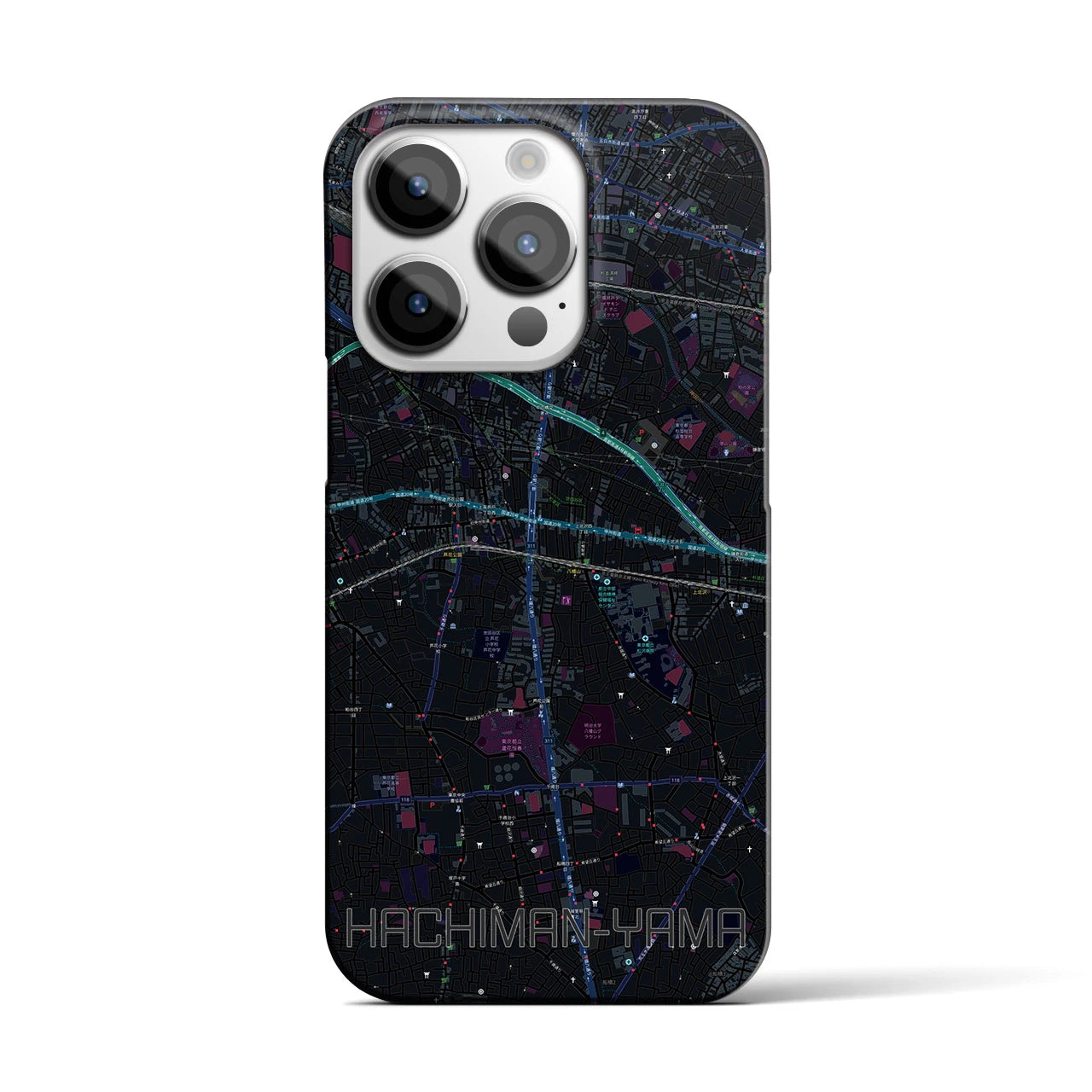 【八幡山】地図柄iPhoneケース（バックカバータイプ・ブラック）iPhone 14 Pro 用