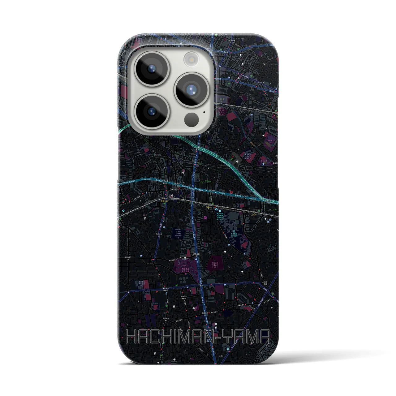 【八幡山】地図柄iPhoneケース（バックカバータイプ・ブラック）iPhone 15 Pro 用