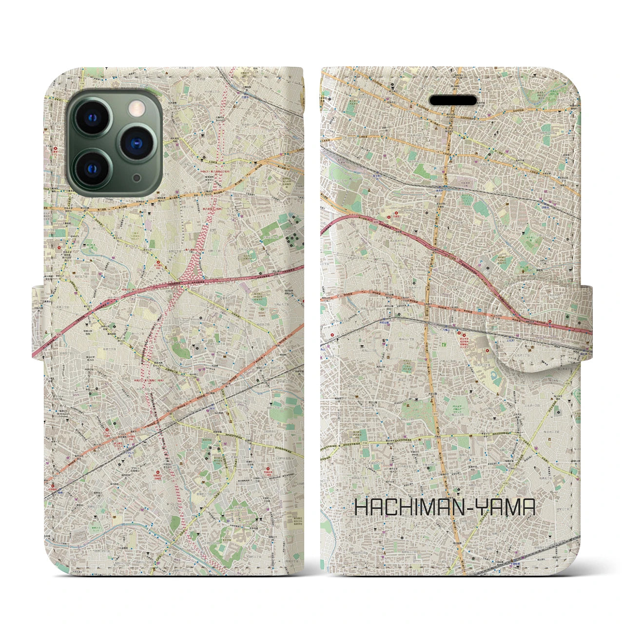 【八幡山】地図柄iPhoneケース（手帳両面タイプ・ナチュラル）iPhone 11 Pro 用