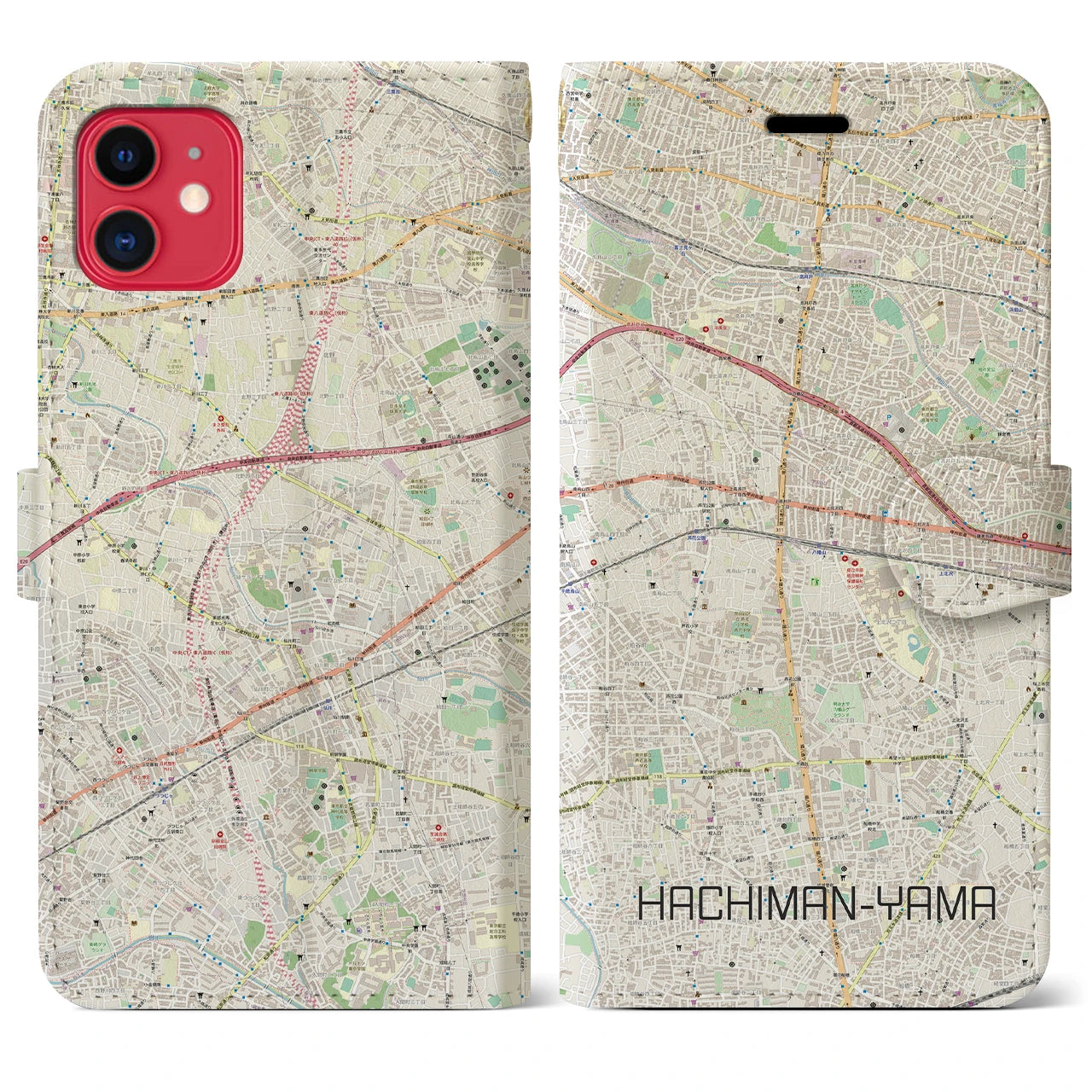 【八幡山】地図柄iPhoneケース（手帳両面タイプ・ナチュラル）iPhone 11 用