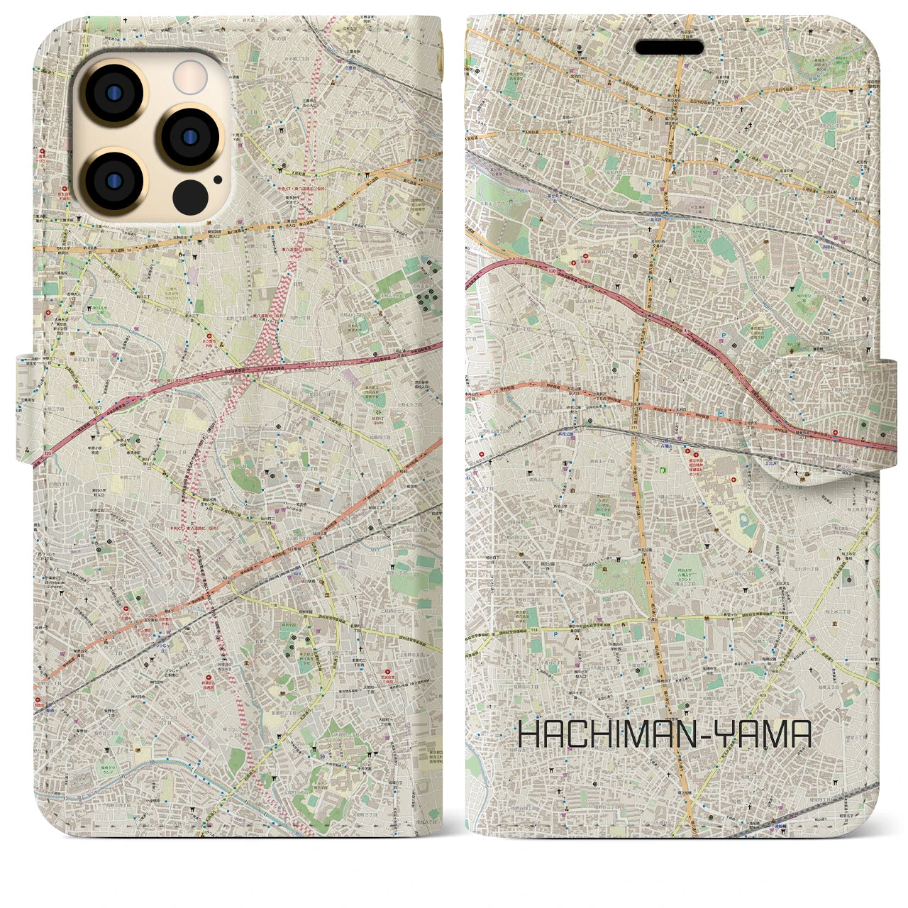 【八幡山】地図柄iPhoneケース（手帳両面タイプ・ナチュラル）iPhone 12 Pro Max 用
