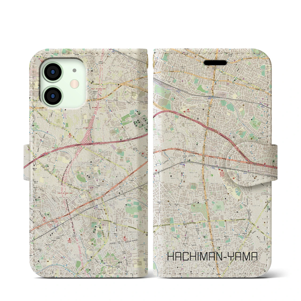 【八幡山】地図柄iPhoneケース（手帳両面タイプ・ナチュラル）iPhone 12 mini 用