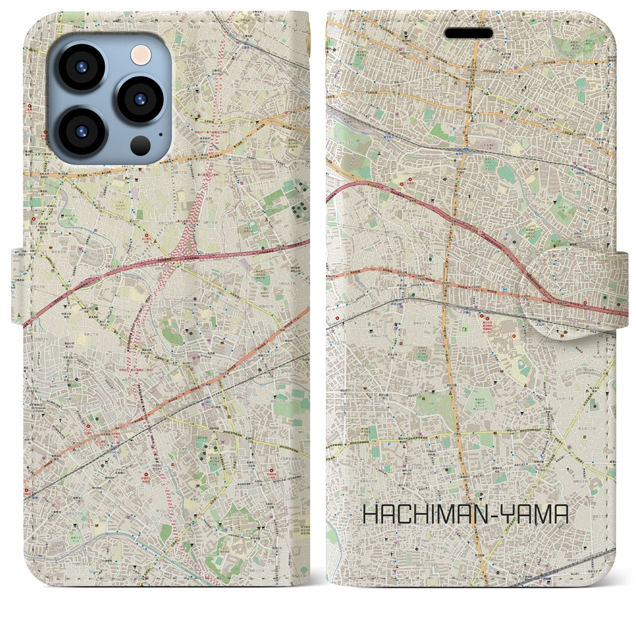 【八幡山】地図柄iPhoneケース（手帳両面タイプ・ナチュラル）iPhone 13 Pro Max 用