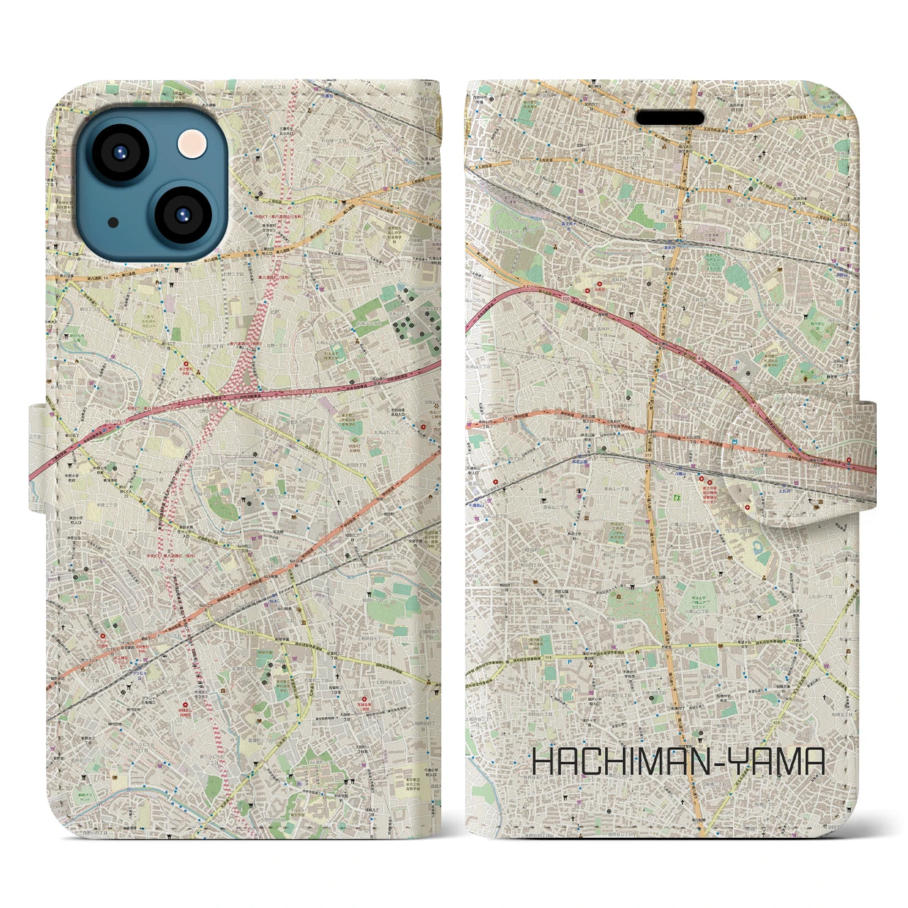 【八幡山】地図柄iPhoneケース（手帳両面タイプ・ナチュラル）iPhone 13 用