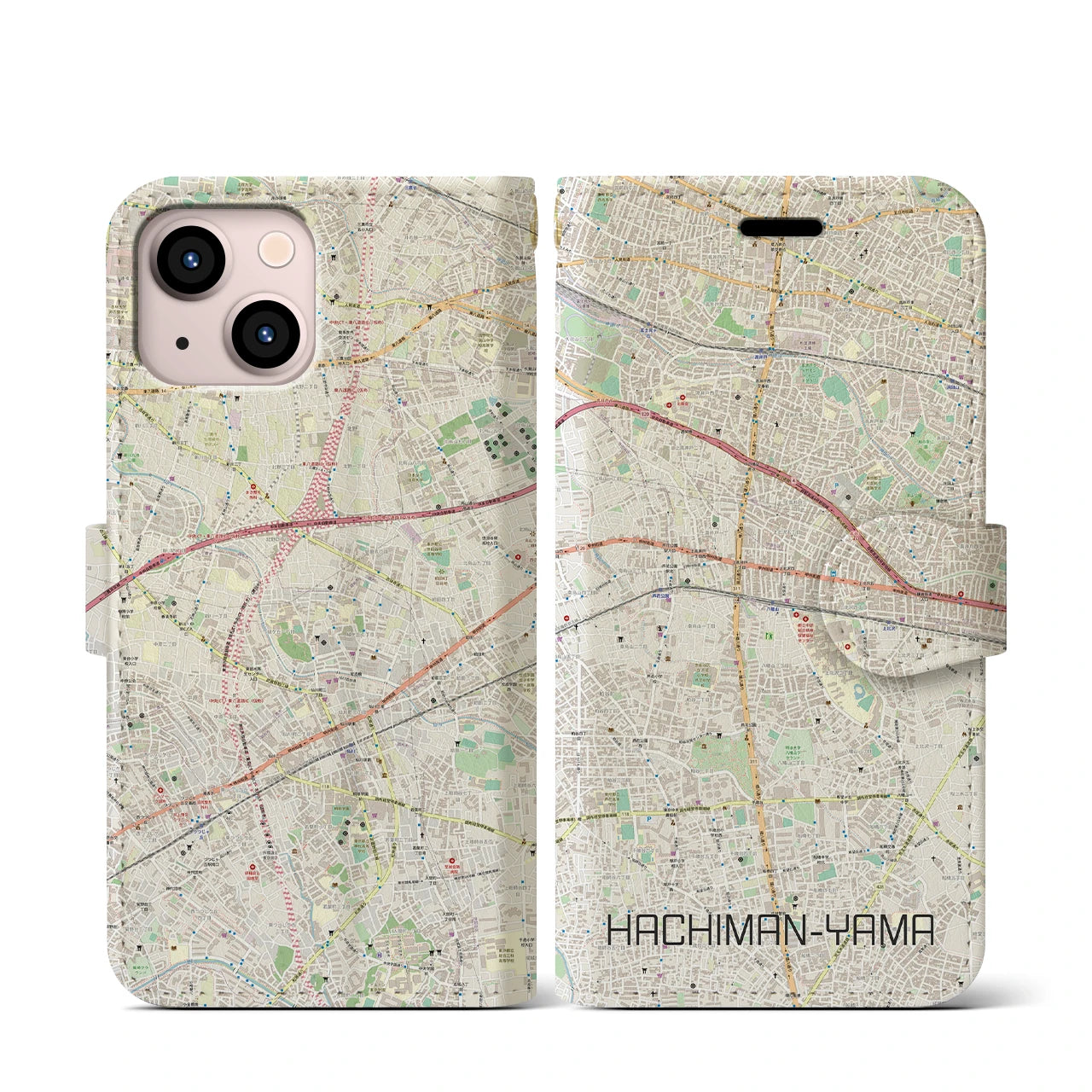 【八幡山】地図柄iPhoneケース（手帳両面タイプ・ナチュラル）iPhone 13 mini 用