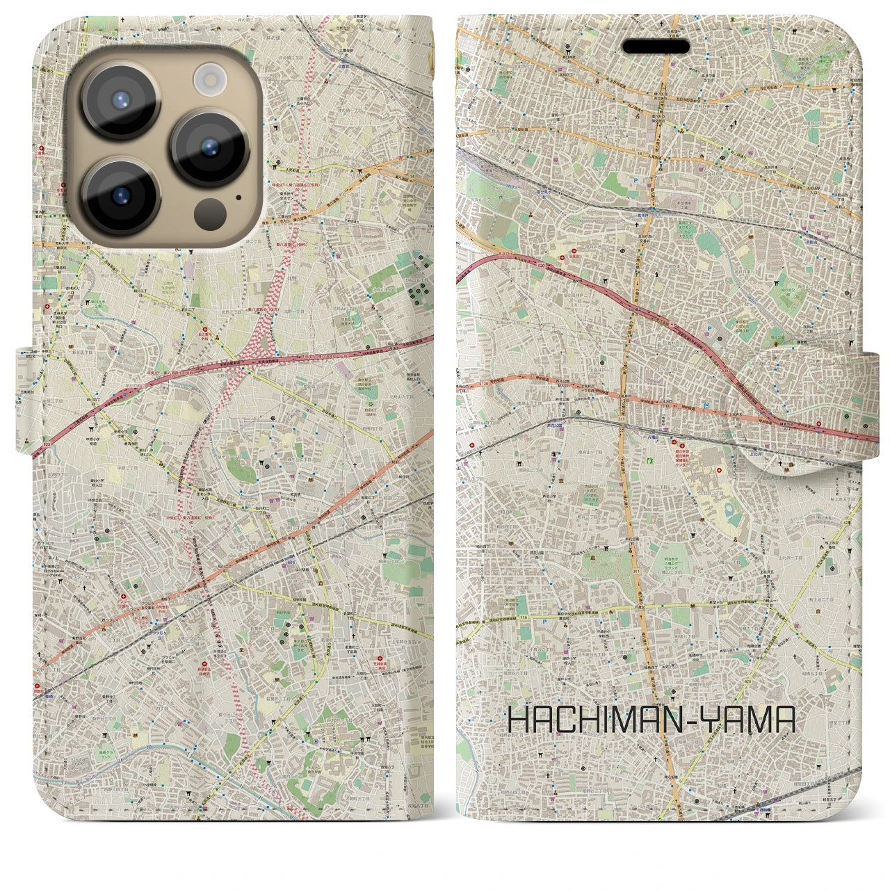 【八幡山】地図柄iPhoneケース（手帳両面タイプ・ナチュラル）iPhone 14 Pro Max 用
