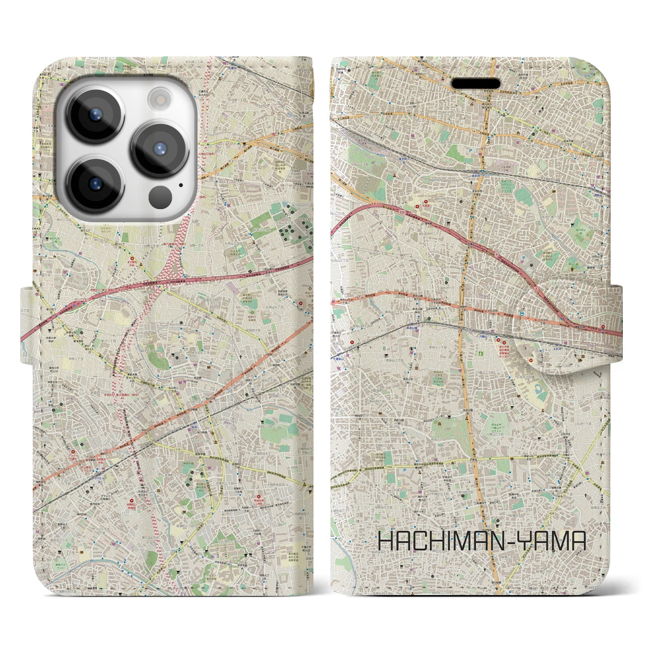 【八幡山】地図柄iPhoneケース（手帳両面タイプ・ナチュラル）iPhone 14 Pro 用