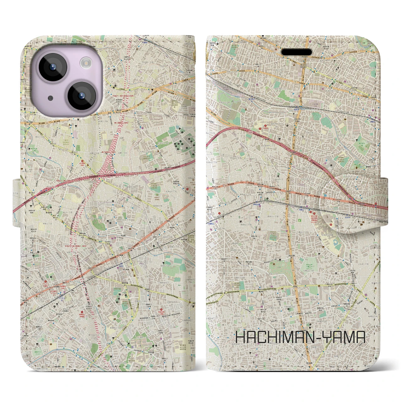 【八幡山】地図柄iPhoneケース（手帳両面タイプ・ナチュラル）iPhone 14 用